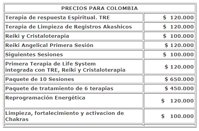 Terapias Tabla de Precios